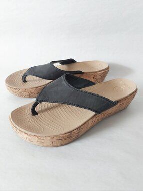 Crocs Women A-Leigh Cork Comfort Casual Platform Wedge Thong Flipflop Size 6